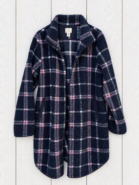 ASPEN Women's Plaid Jacket Snap Collared Pockets Long Blue Pink L